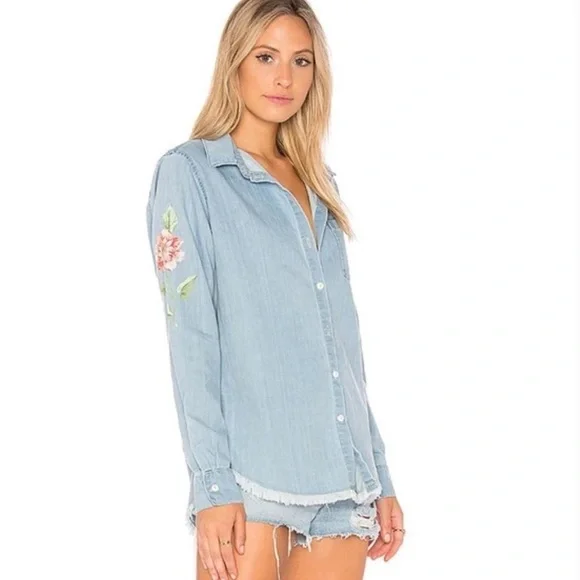 RARE! Lauren Moshi Sloane Love You Forever long-sleeve button-up denim shirt S - Picture 3 of 7